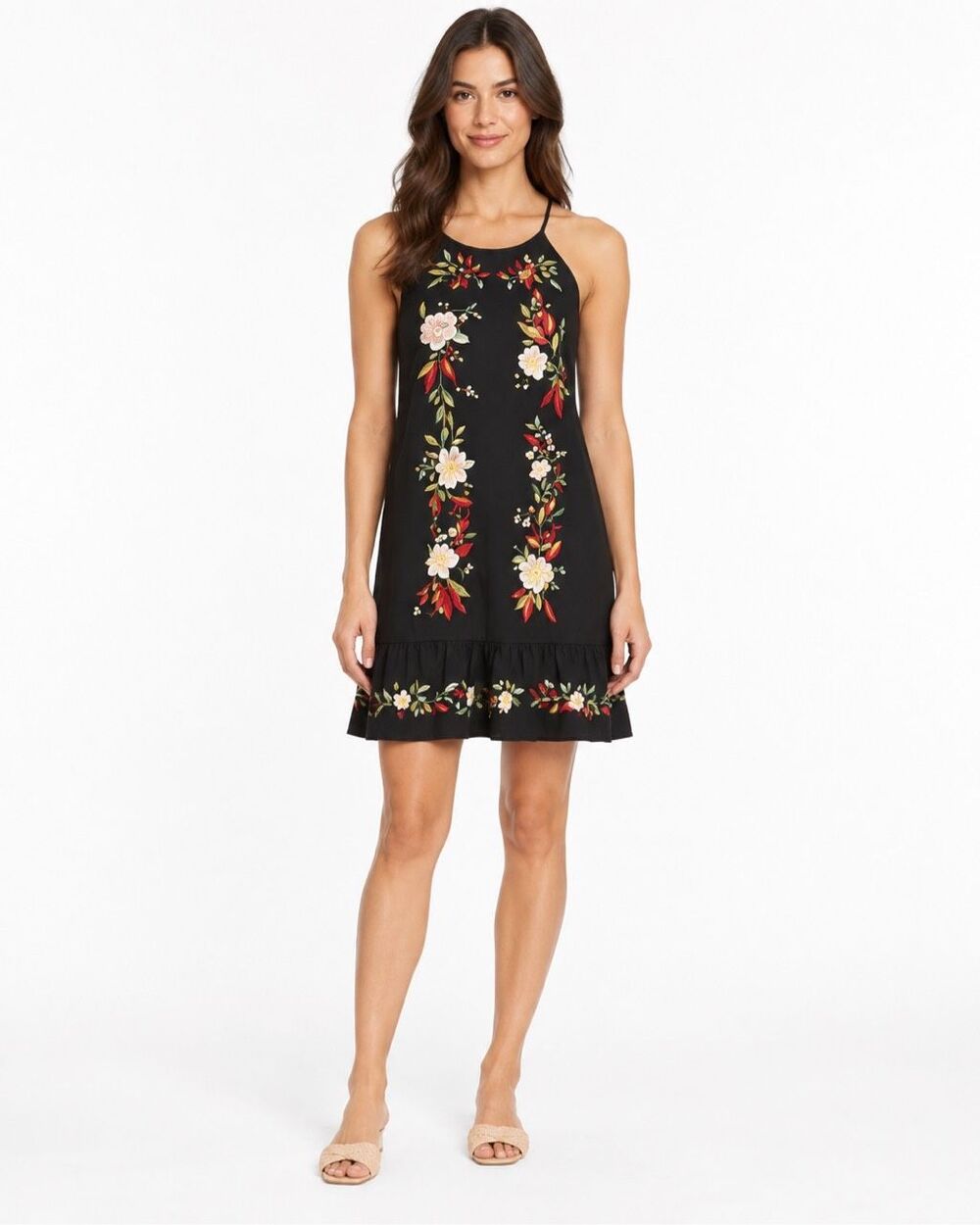 Farm Rio Black Floral Embroidered Halter Tie Back Ruffle Hem Mini Dress M